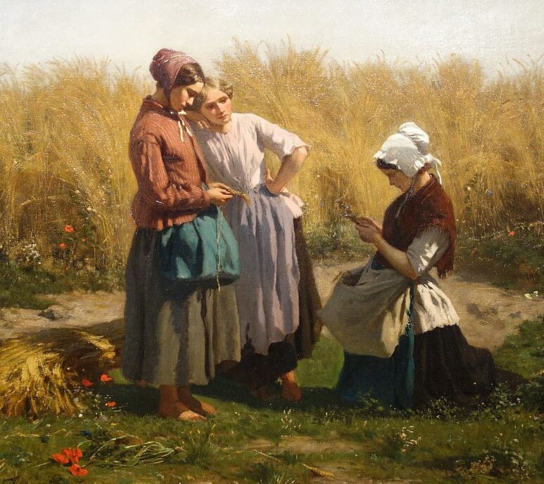Drei Mädchen vor einem Getreidefeld, zwei beschäftigen sich intensiv mit ihren Liebespfändern (Jetons d'amours).
