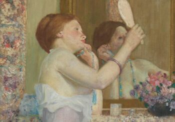 Gemälde einer Frau, die sich vor einem Wandspiegel in einem Handspiegel betrachtet