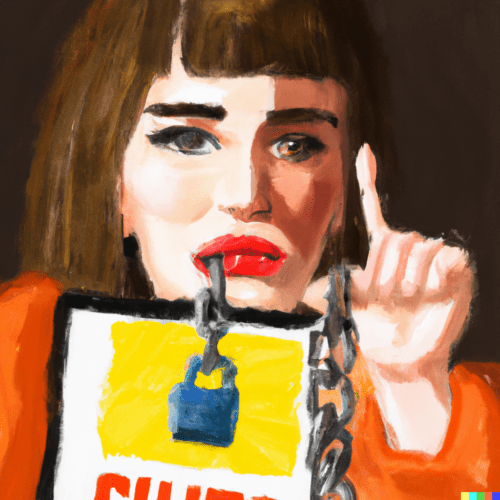 Gemälde einer jungen Frau, die eine Kette im Mund hat und den Zeigefinger hebt