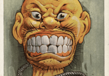Postcard einer rassistischen Karikatur eines Chinesen mit gefletschten Zähnen